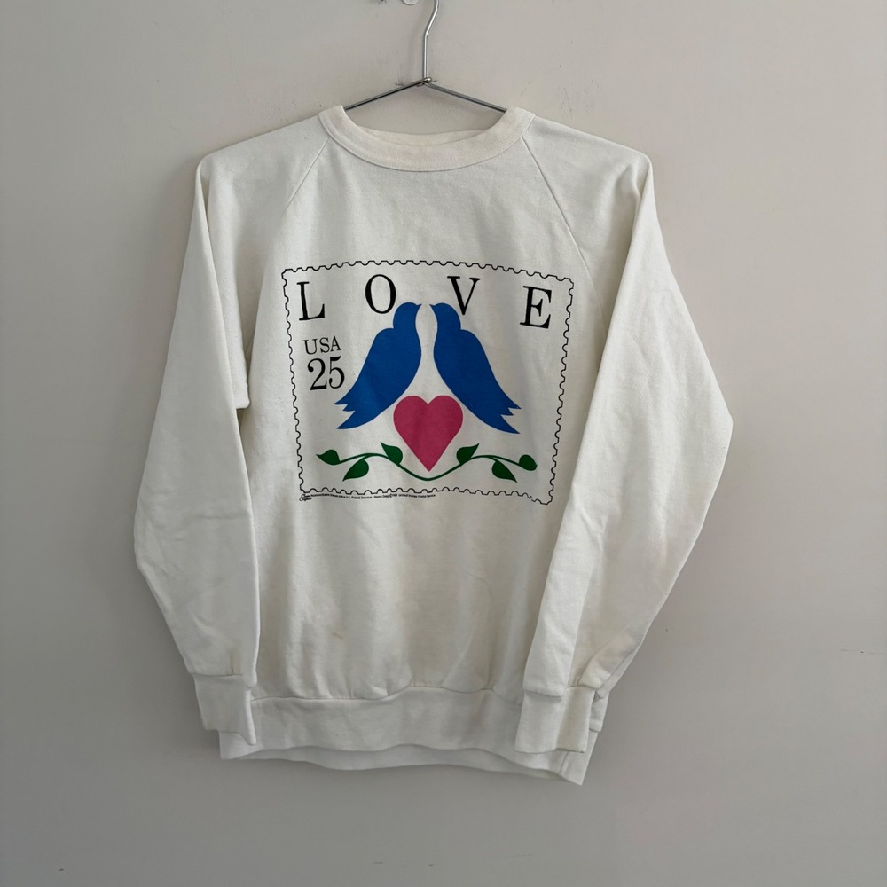 Vintage Alore USA Love Stamp Birds Sweatshirt White Medium